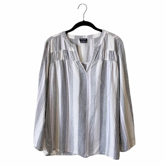 Splendid Linen Blend Top Women's Size M White Striped V-Neck 3/4 Sleeve Shirred - Picture 2 of 10